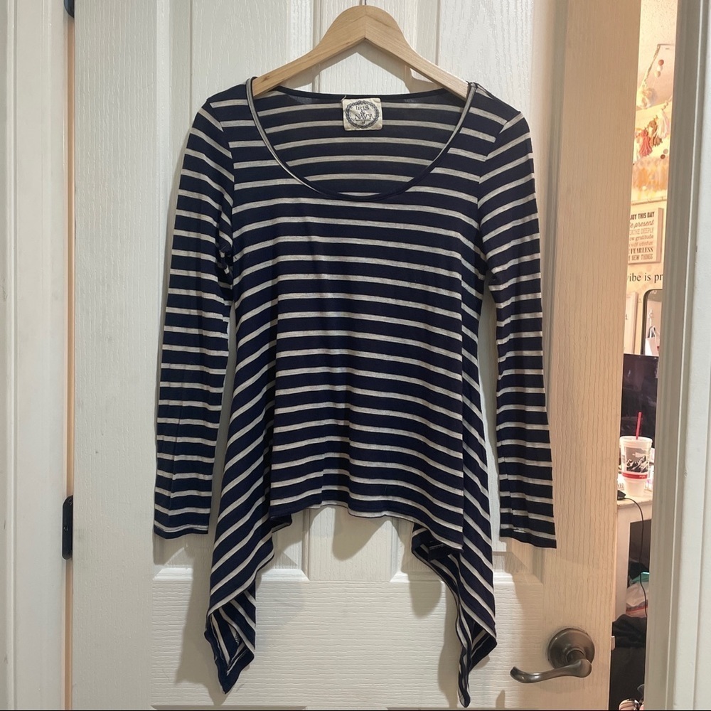 ANTHROPOLOGIE Iris & Navy Striped Tee Long sleeve Blue & tan size medium